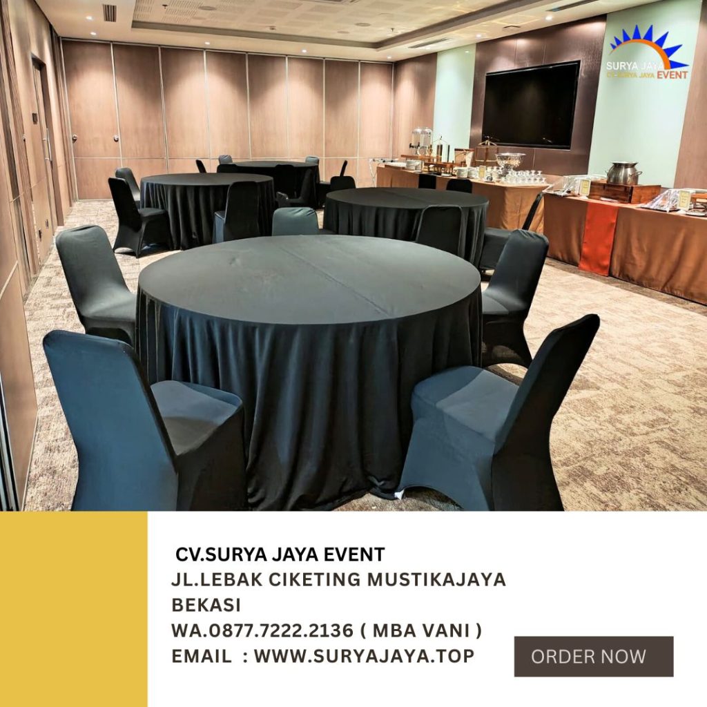 Sewa Meja Bulat Dan Kursi Futura Cover Hitam Event Patra Jasa Jaksel