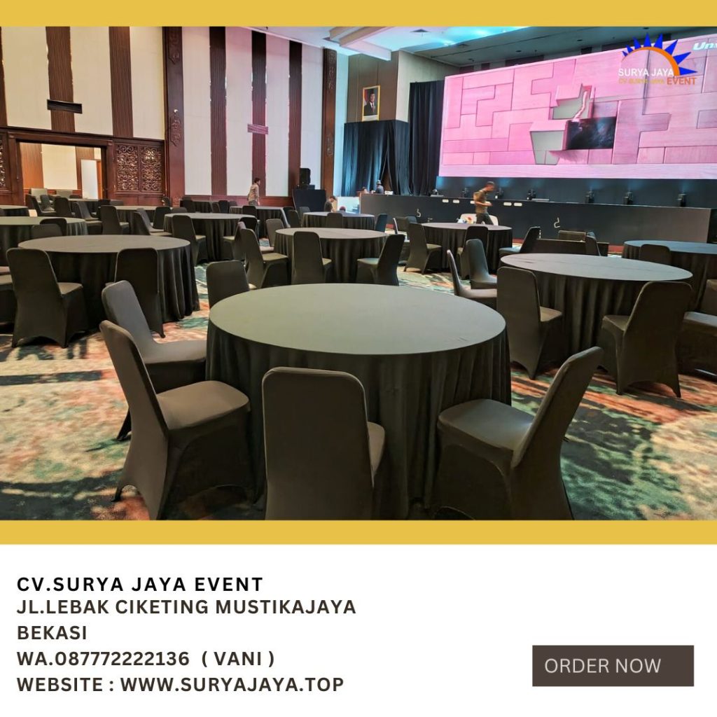 Sewa Meja Bulat Dan Kursi Futura Cover Hitam Event Patra Jasa Jaksel
