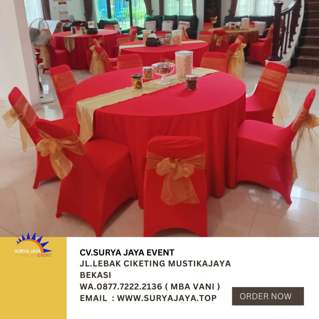 Rental Round Table Dan Kursi Futura Cover Merah Pita Gold Jakarta
