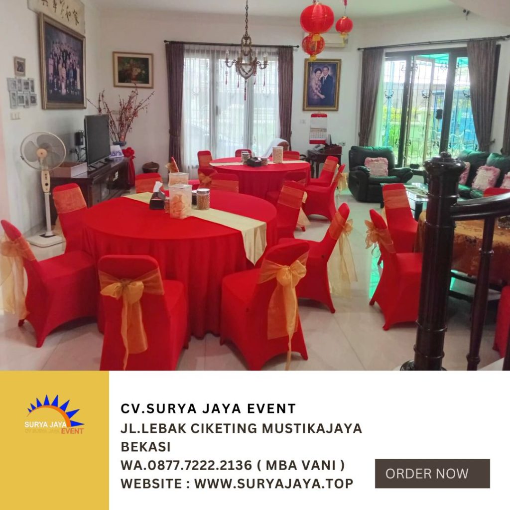 Rental Round Table Dan Kursi Futura Cover Merah Pita Gold Jakarta