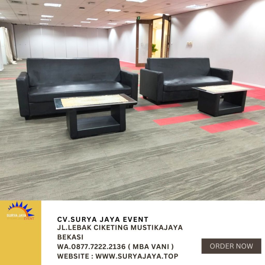 Sewa Sofa Triple Hitam Set Meja VIP Kaca Event Bank DKI Pusat Jakpus