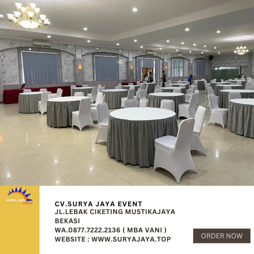 Sewa Round Table Cover Taplak Putih Skirting Abu-Abu Jakarta