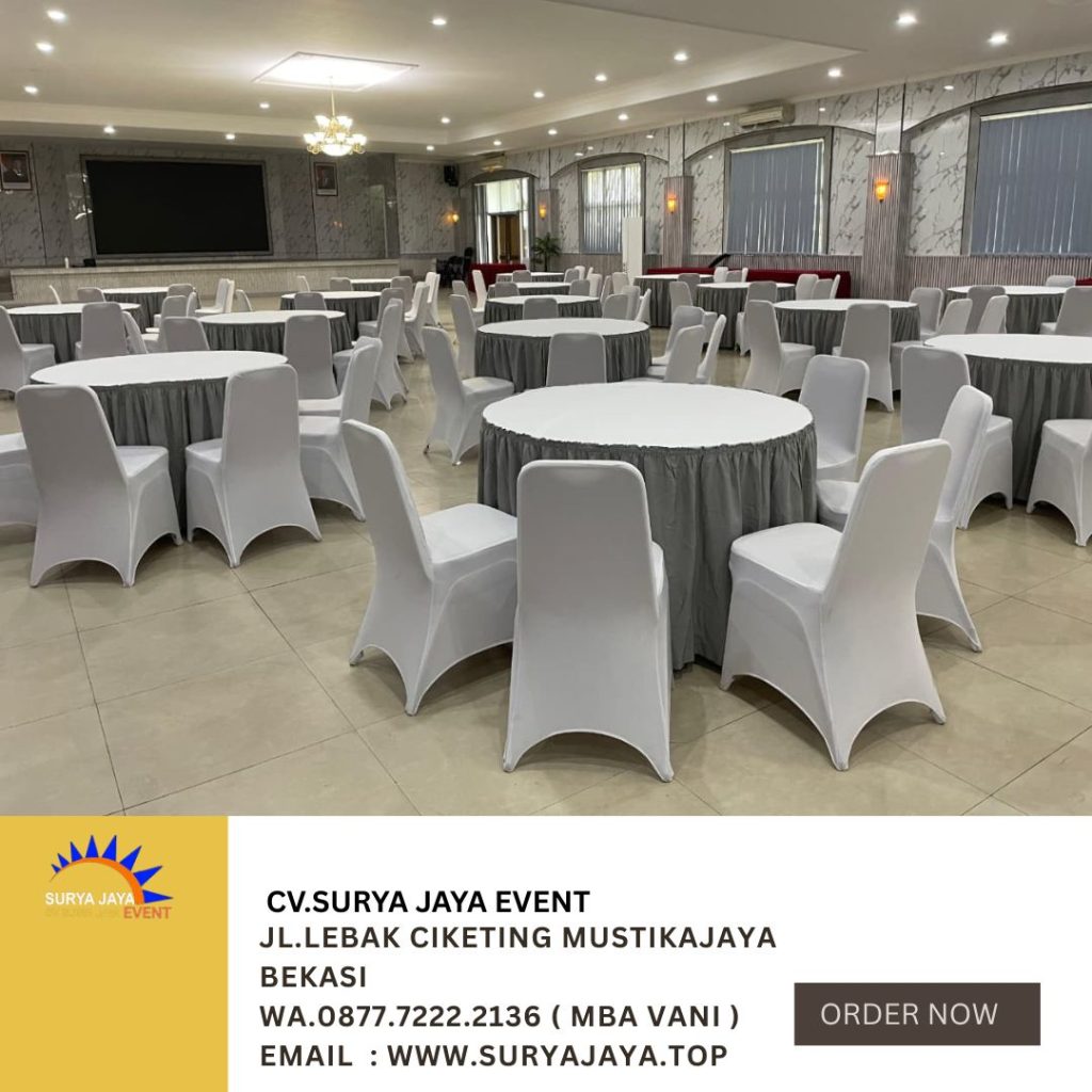 Sewa Round Table Cover Taplak Putih Skirting Abu-Abu Jakarta