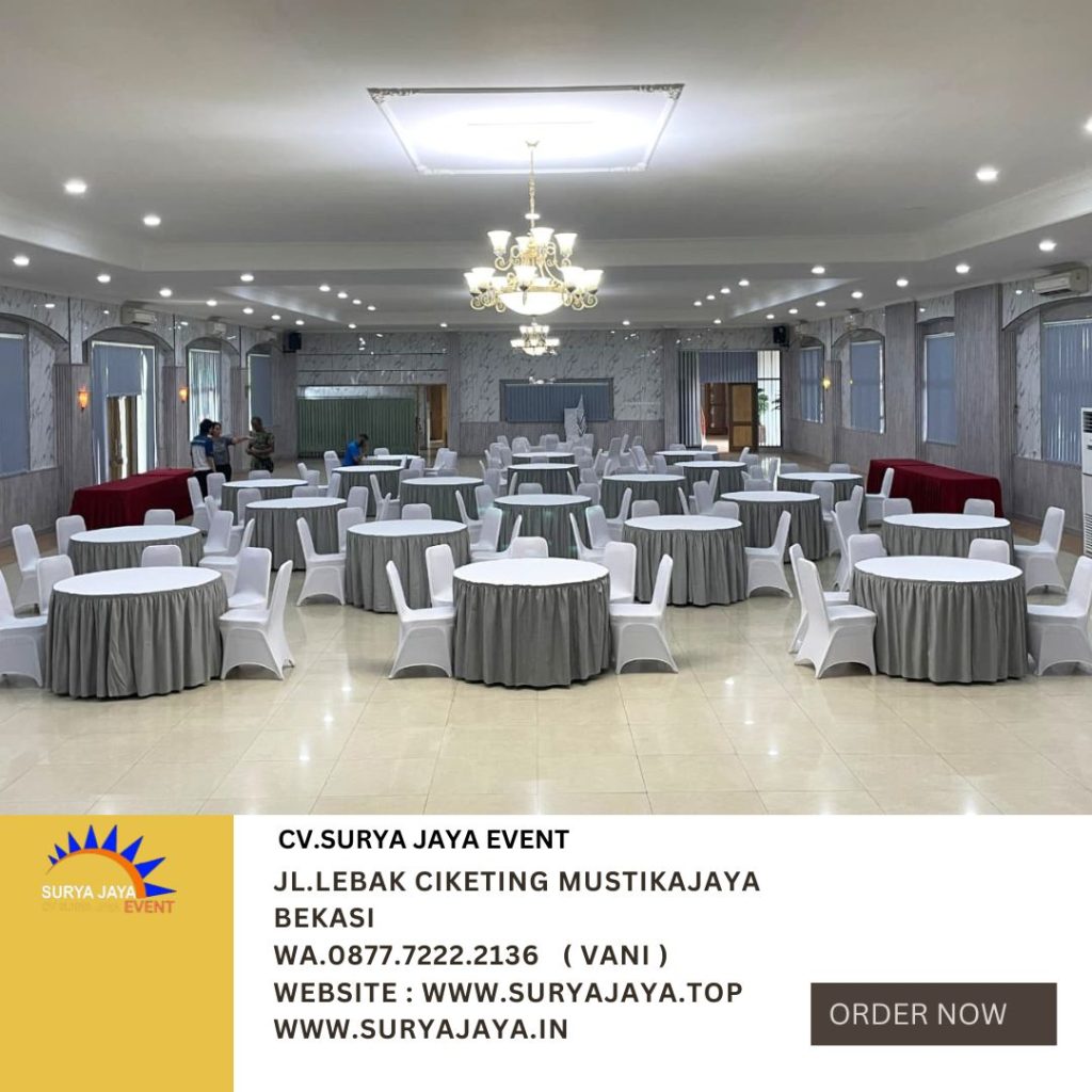 Sewa Round Table Cover Taplak Putih Skirting Abu-Abu Jakarta