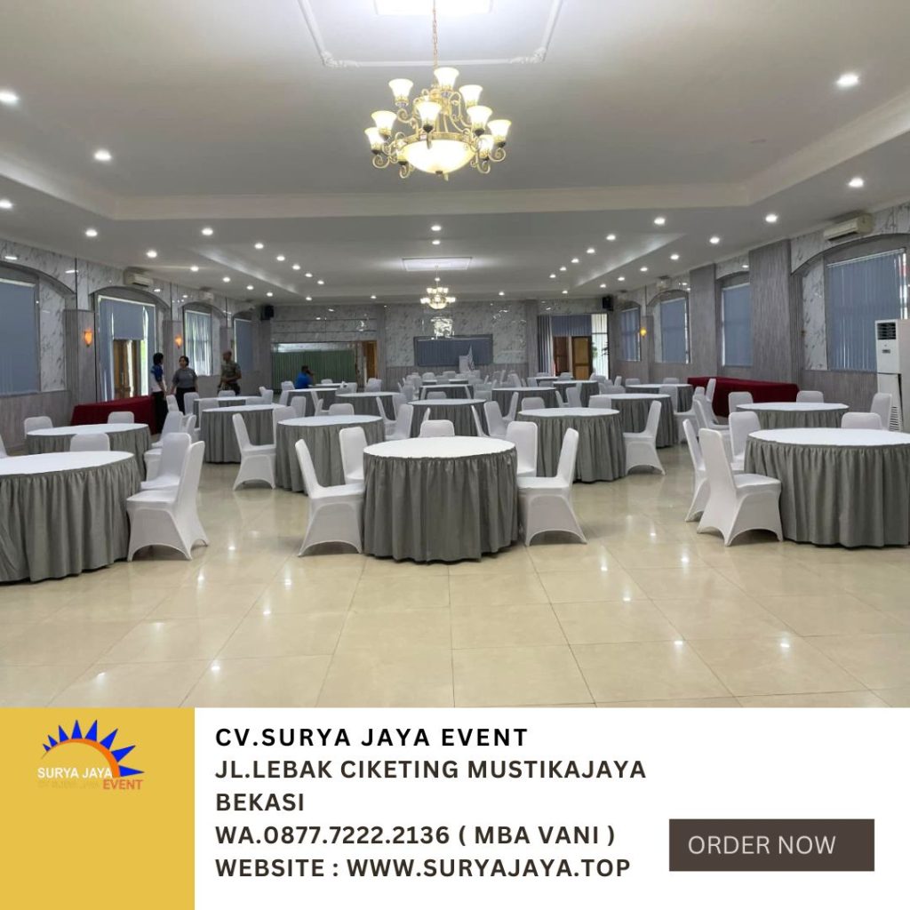 Sewa Round Table Cover Taplak Putih Skirting Abu-Abu Jakarta