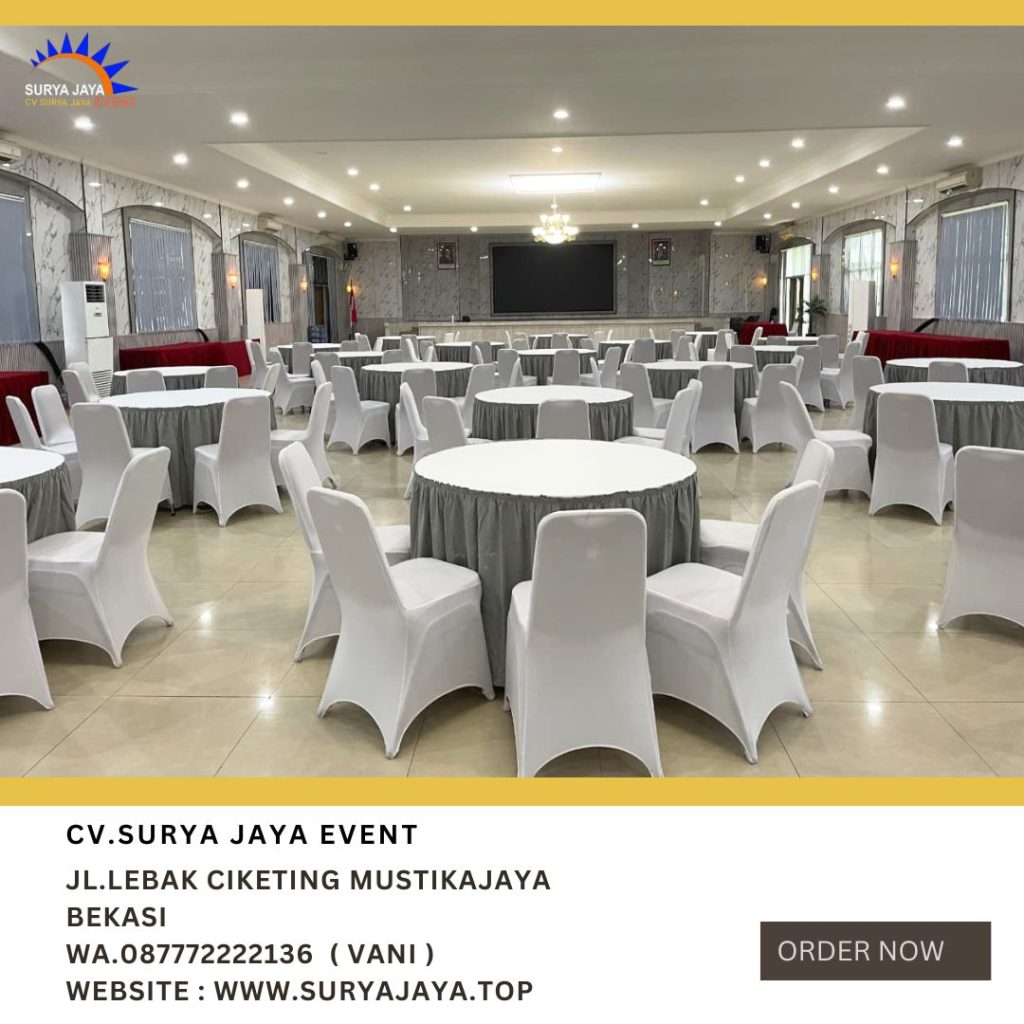 Sewa Round Table Cover Taplak Putih Skirting Abu-Abu Jakarta