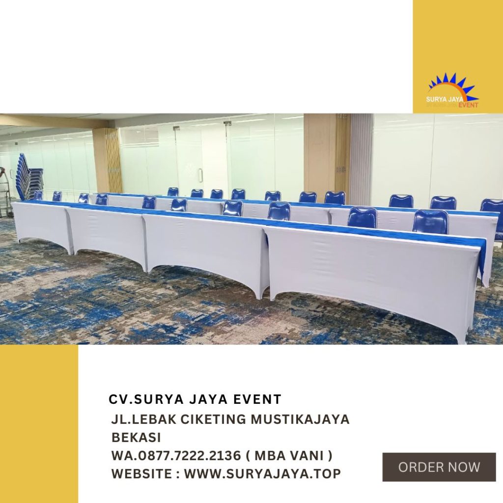 Sewa MEJA IBM 180x45cm COVER PUTIH KLH Kuningan jaksel