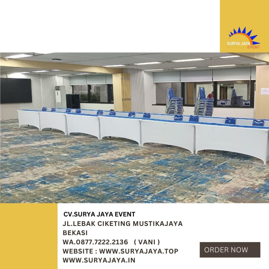 Sewa MEJA IBM 180x45cm COVER PUTIH KLH Kuningan jaksel