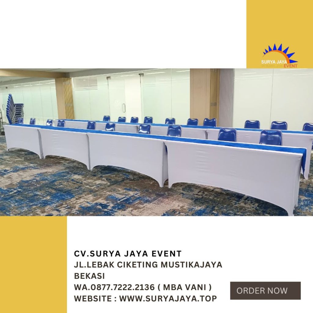 Sewa MEJA IBM 180x45cm COVER PUTIH KLH Kuningan jaksel