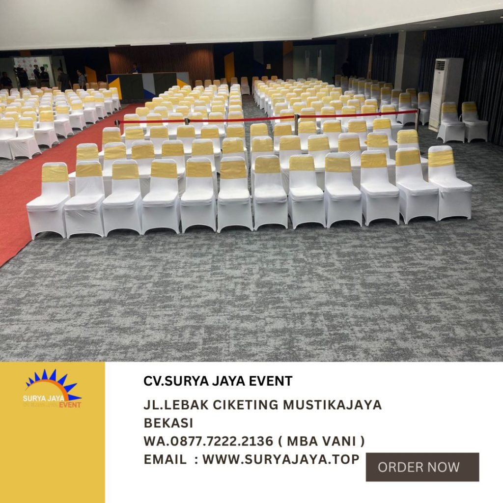 Sewa Kursi Susun Cover Putih Pita Gold Event SIS Cakung Jaktim