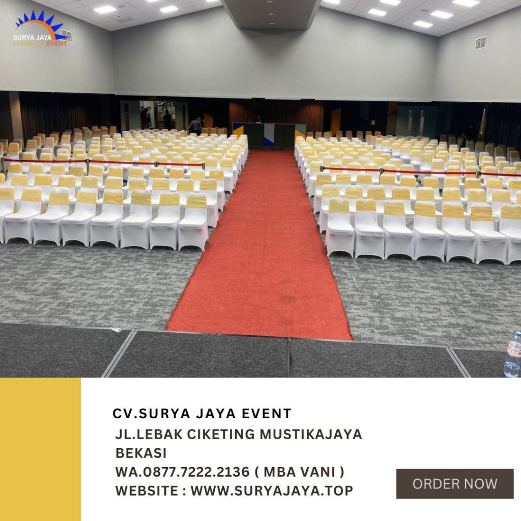 Sewa Kursi Susun Cover Putih Pita Gold Event SIS Cakung Jaktim
