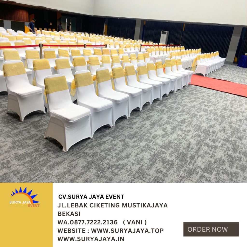 Sewa Kursi Susun Cover Putih Pita Gold Event SIS Cakung Jaktim