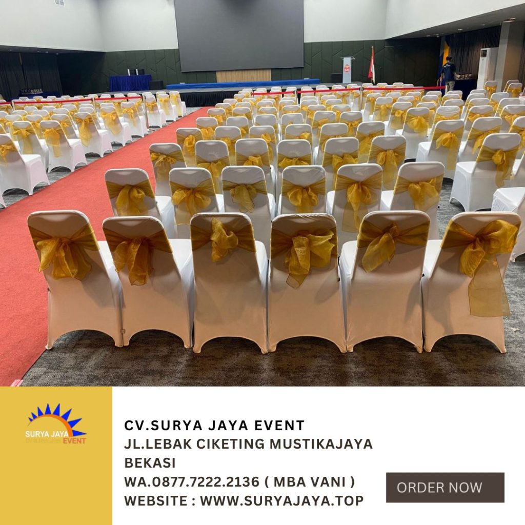 Sewa Kursi Susun Cover Putih Pita Gold Event SIS Cakung Jaktim