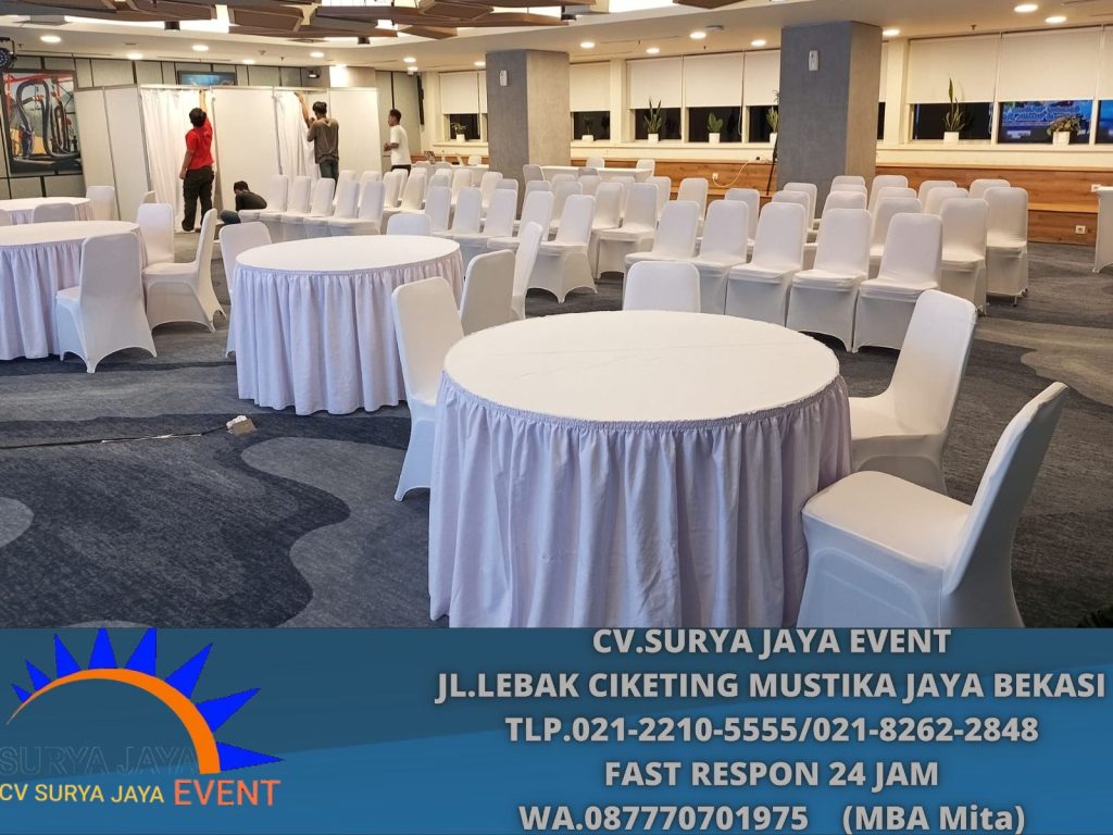 Sewa Meja Bulat D120cm Cover Toping Putih Jakarta Selatan