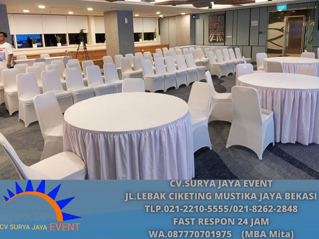 Sewa Meja Bulat D120cm Cover Toping Putih Jakarta Selatan