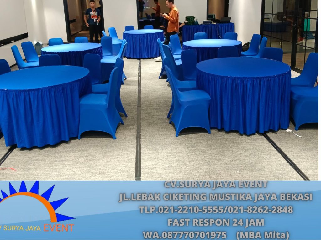Sewa MEJA DEALING D160cm Cover Nevy Event PT Freeport