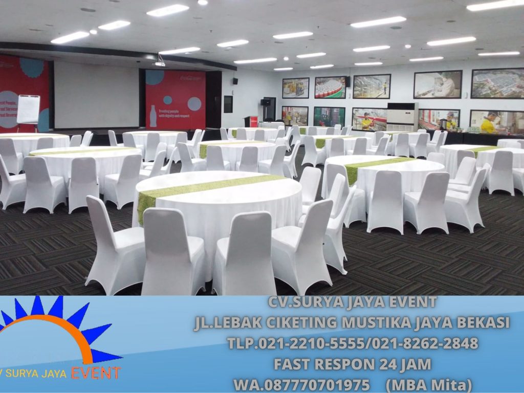Sewa Meja Bulat D120cm Cover Toping Putih Jakarta Selatan