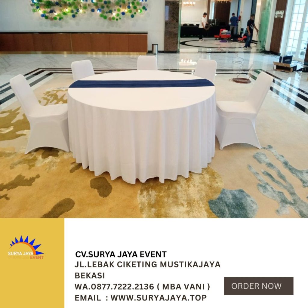 Rental Round Table,Kursi Cover Putih Deltamas Cikarang