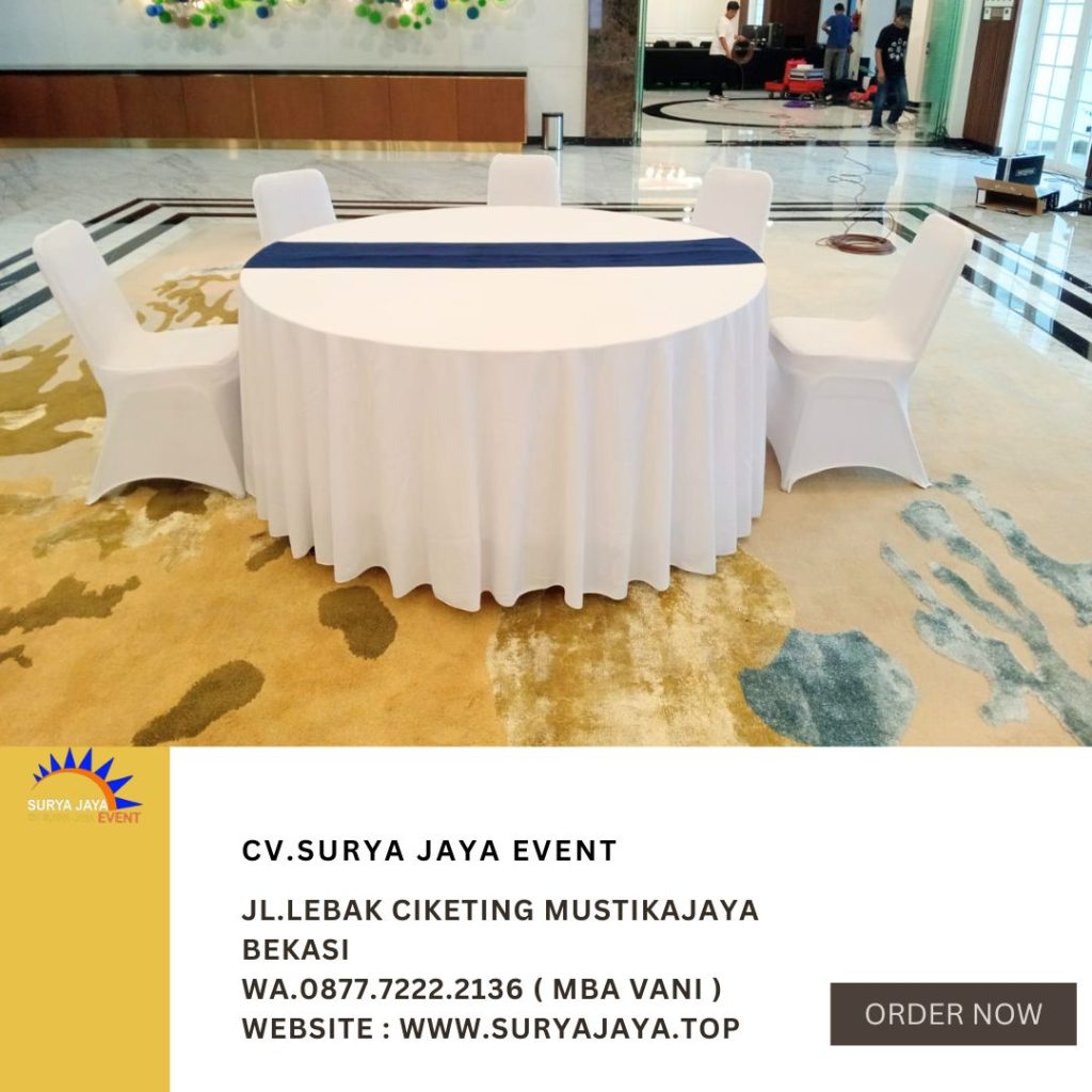 Rental Round Table,Kursi Cover Putih Deltamas Cikarang