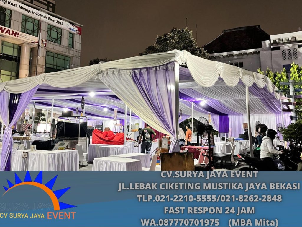 Sewa Tenda Serut Kain Dekorasi Putih Ungu Jakarta