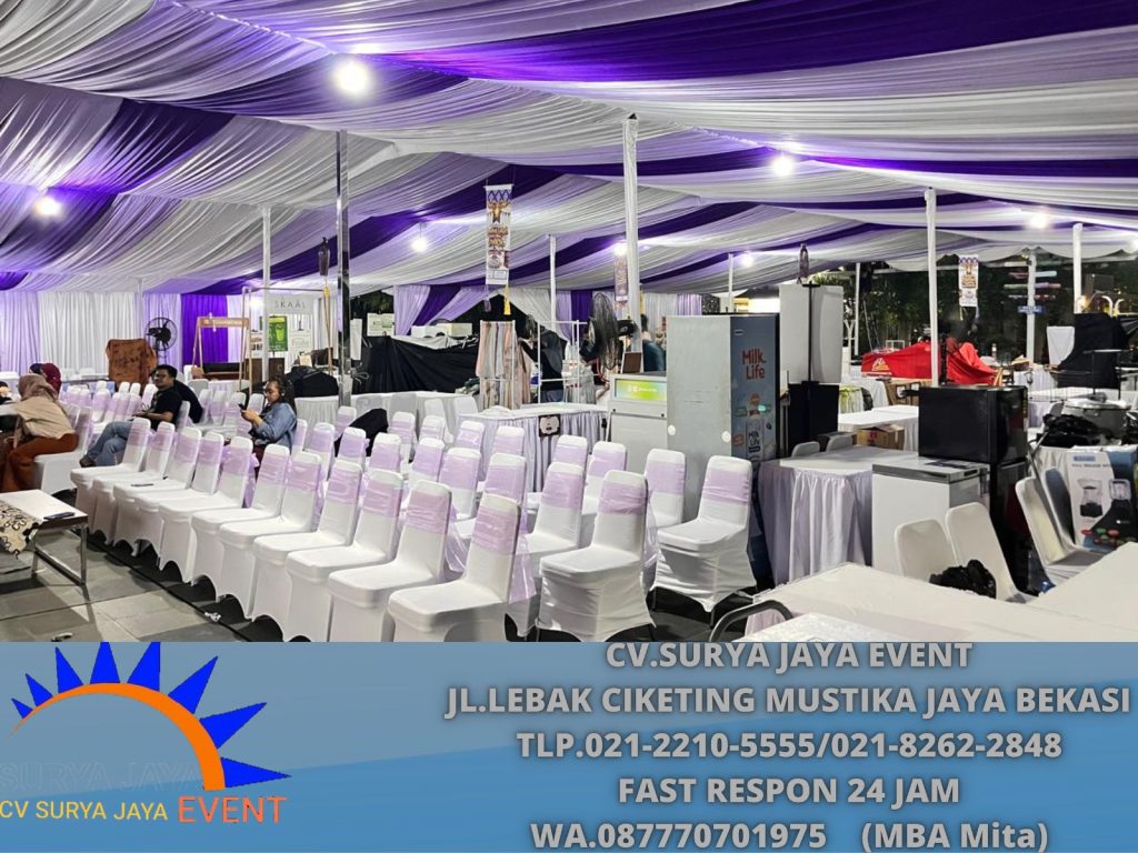Sewa Tenda Serut Kain Dekorasi Putih Ungu Jakarta