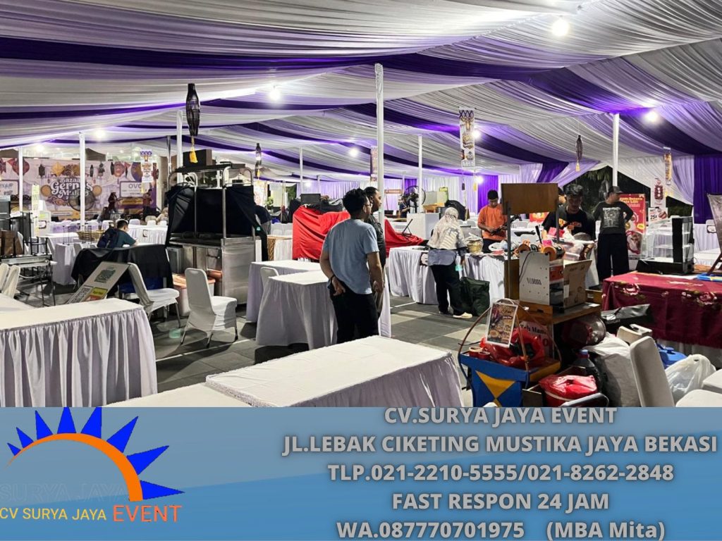 Sewa Tenda Serut Kain Dekorasi Putih Ungu Jakarta