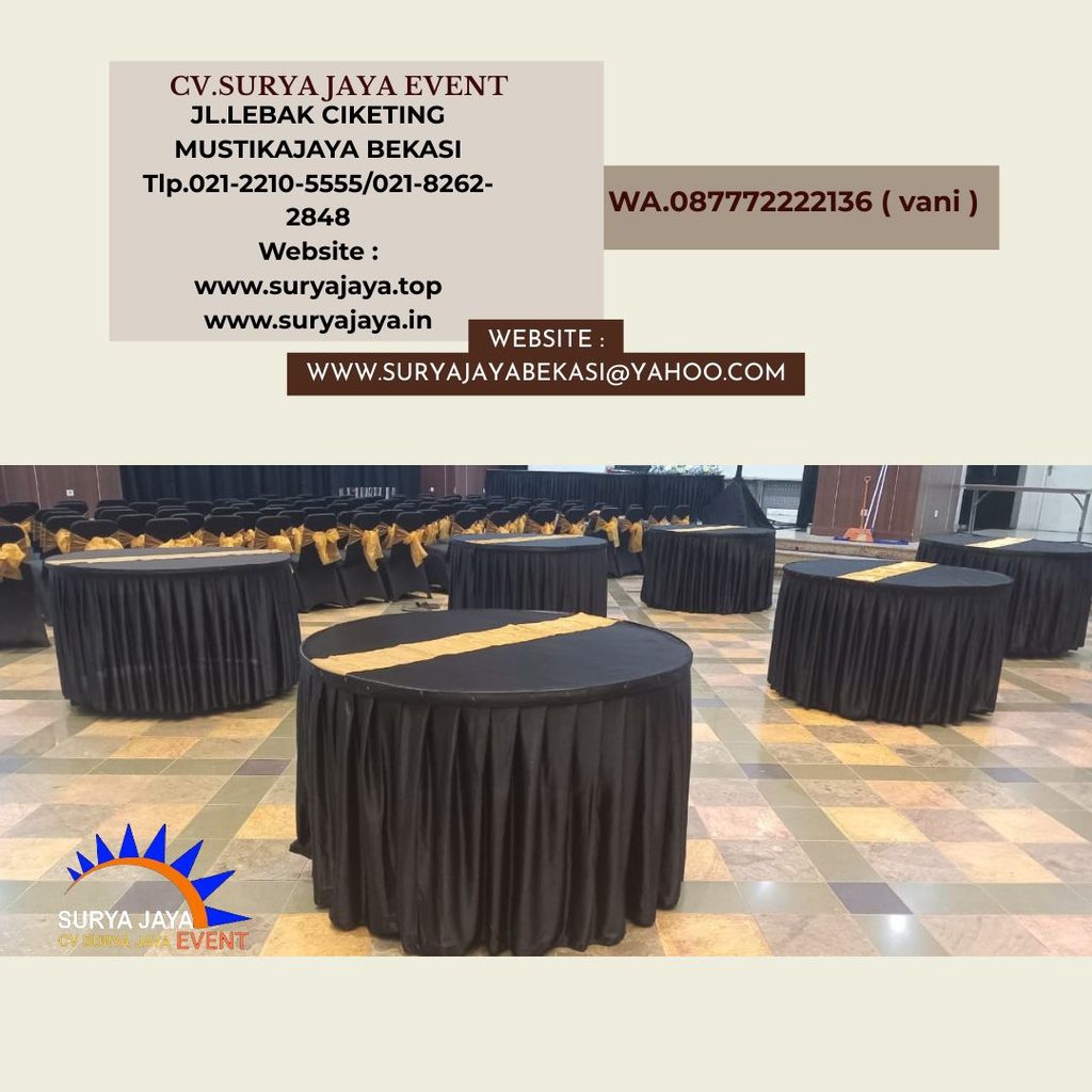 Sewa Meja Bulat d120cm Skirting Hitam Event Kemendikbud Jakarta