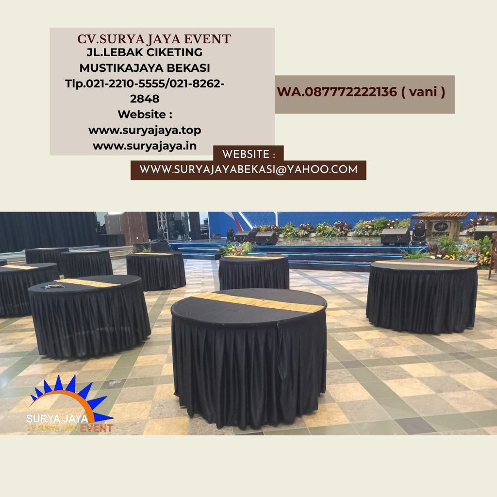 Sewa Meja Bulat d120cm Skirting Hitam Event Kemendikbud Jakarta