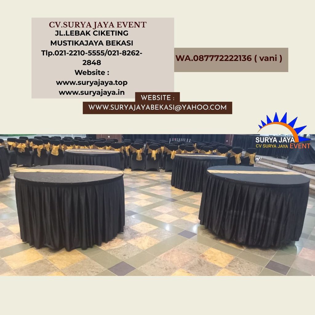 Sewa Meja Bulat d120cm Skirting Hitam Event Kemendikbud Jakarta