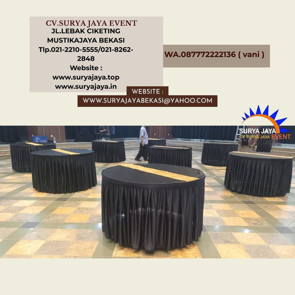 Sewa Meja Bulat d120cm Skirting Hitam Event Kemendikbud Jakarta