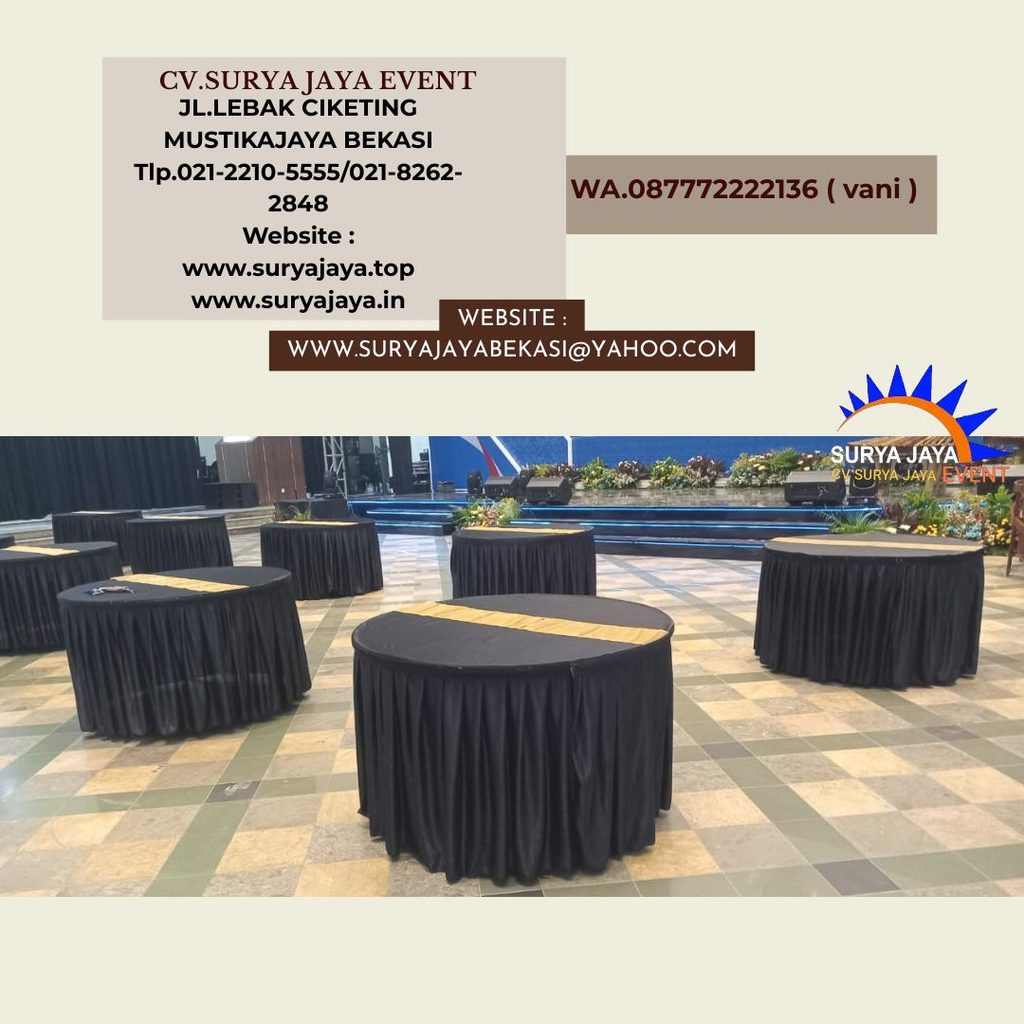 Sewa Meja Bulat d120cm Skirting Hitam Event Kemendikbud Jakarta