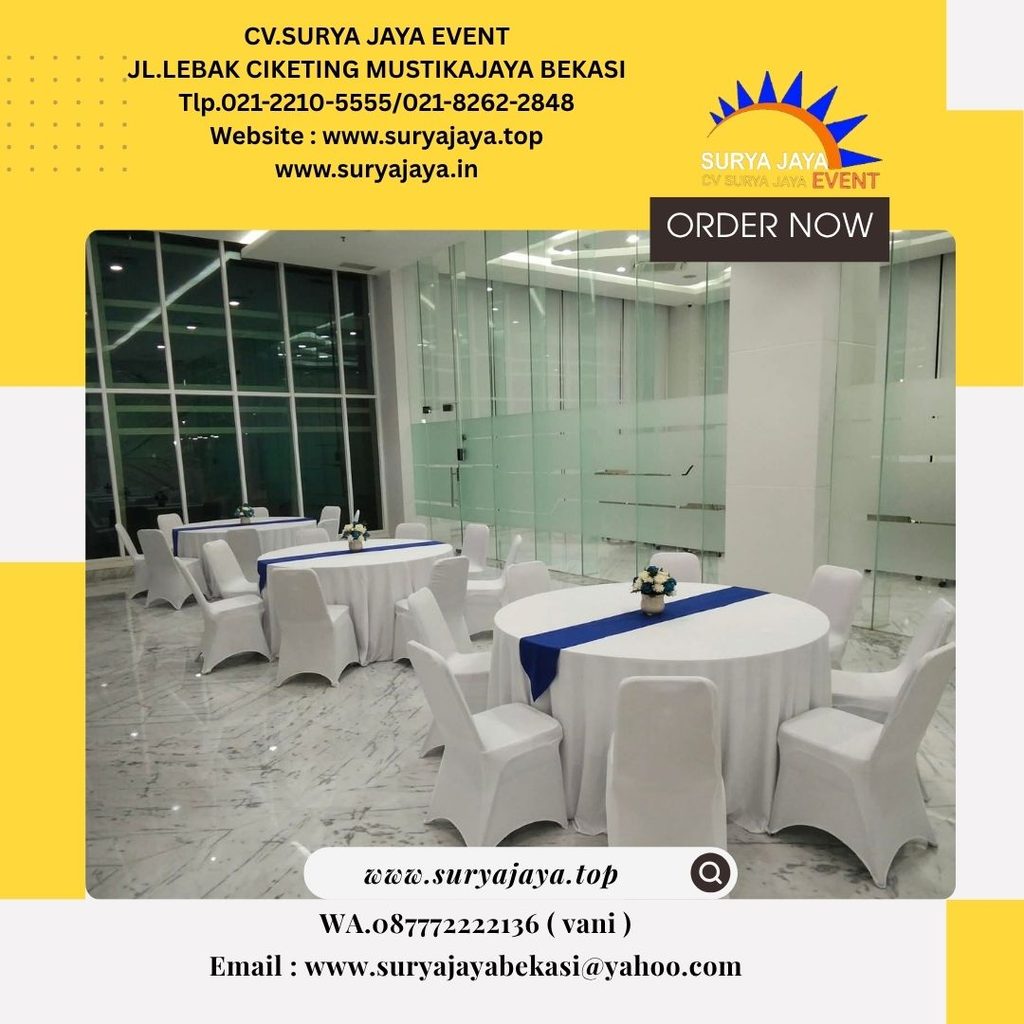 Sewa Meja Bundar Runner Biru Dan Kursi Futura Cover Putih Di Cikarang