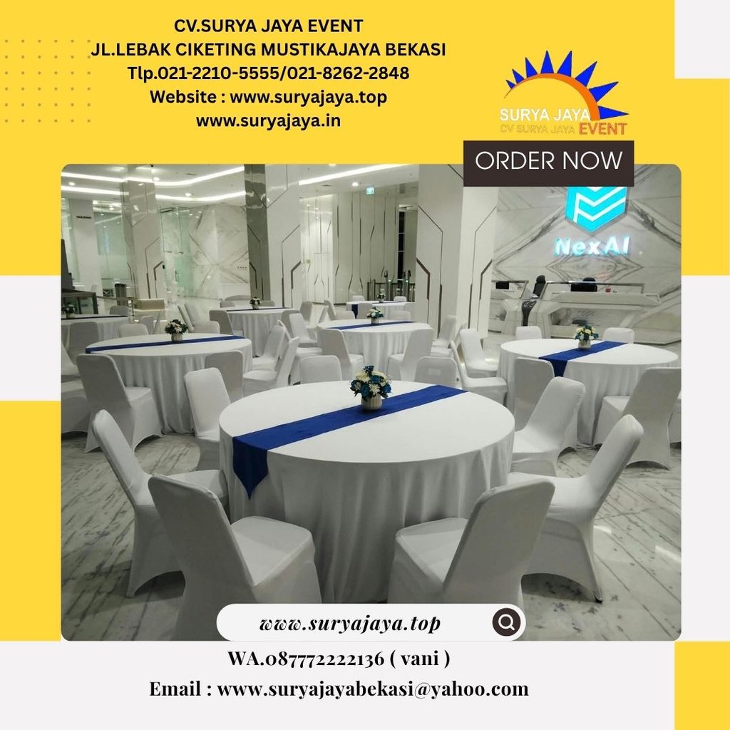 Sewa Meja Bundar Runner Biru Dan Kursi Futura Cover Putih Di Cikarang