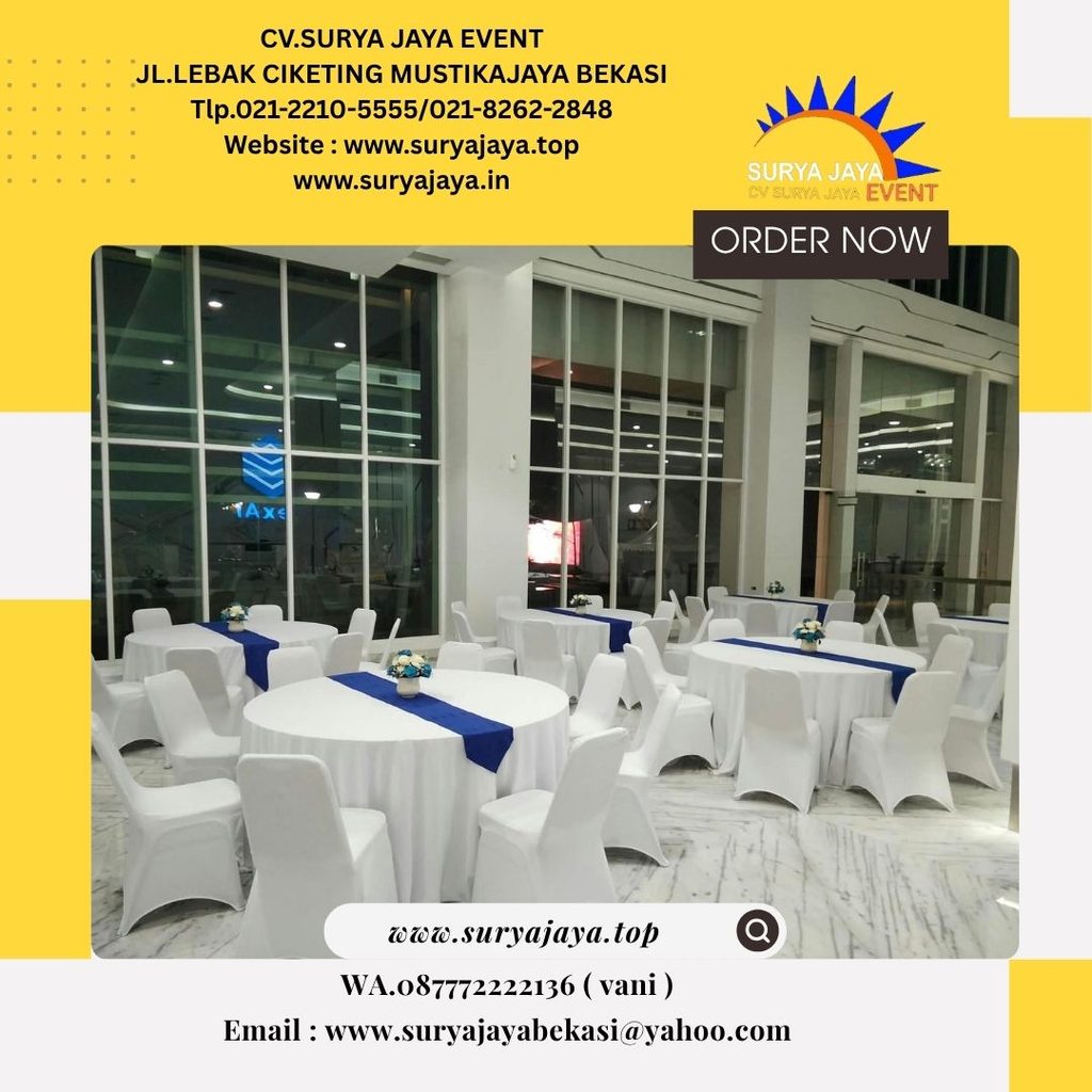 Sewa Meja Bundar Runner Biru Dan Kursi Futura Cover Putih Di Cikarang