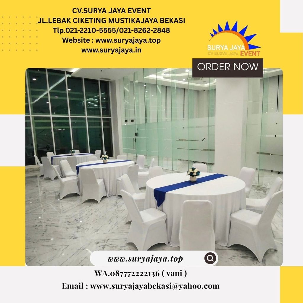 Sewa Meja Bundar Runner Biru Dan Kursi Futura Cover Putih Di Cikarang