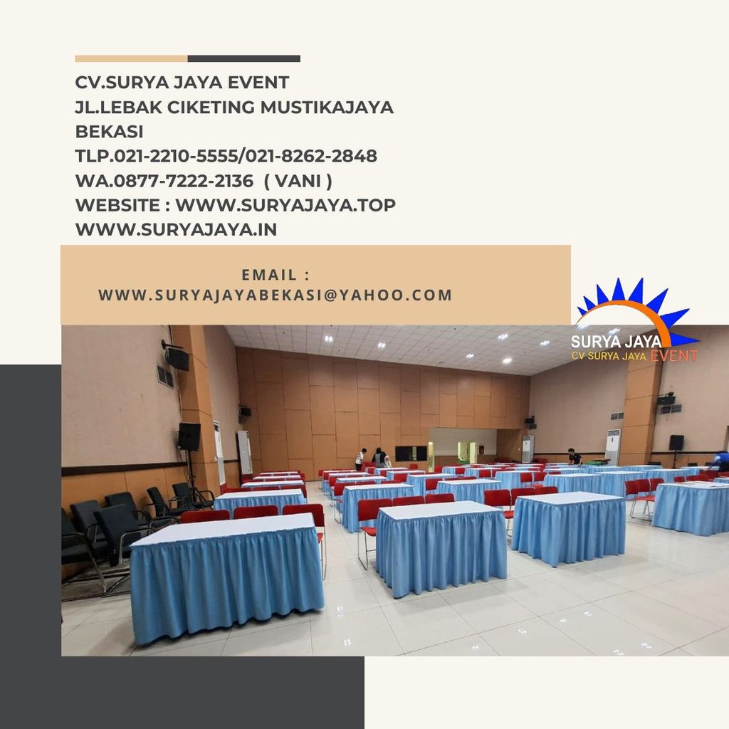 Sewa Meja Kotak Cover Putih Skirting Biru Muda Event Aula Bung Hatta Jaktim