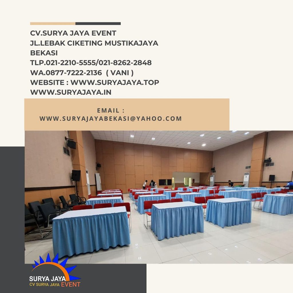 Sewa Meja Kotak Cover Putih Skirting Biru Muda Event Aula Bung Hatta Jaktim