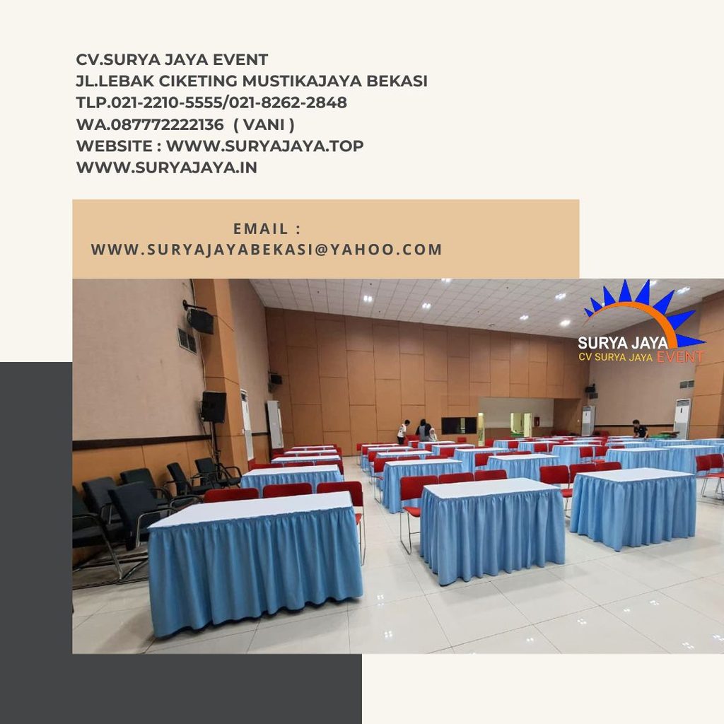 Sewa Meja Kotak Cover Putih Skirting Biru Muda Event Aula Bung Hatta Jaktim