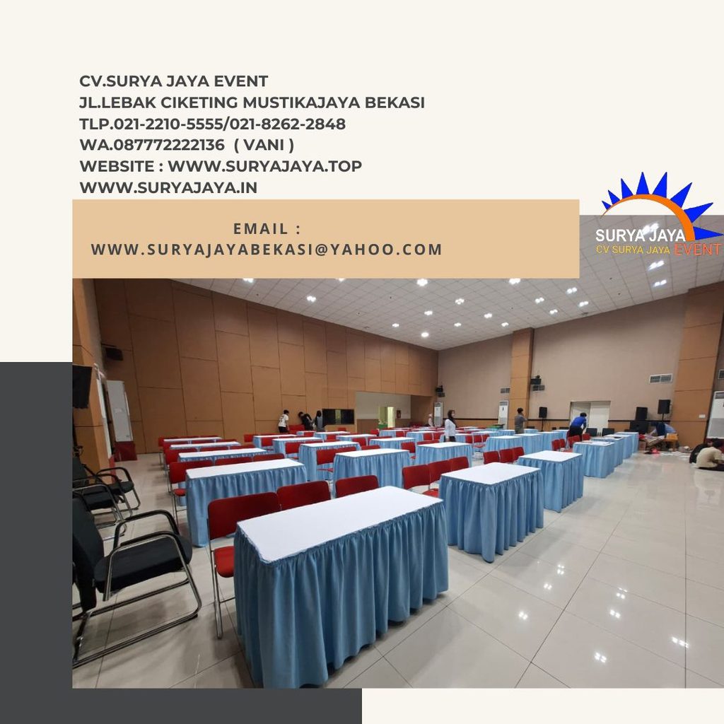 Sewa Meja Kotak Cover Putih Skirting Biru Muda Event Aula Bung Hatta Jaktim