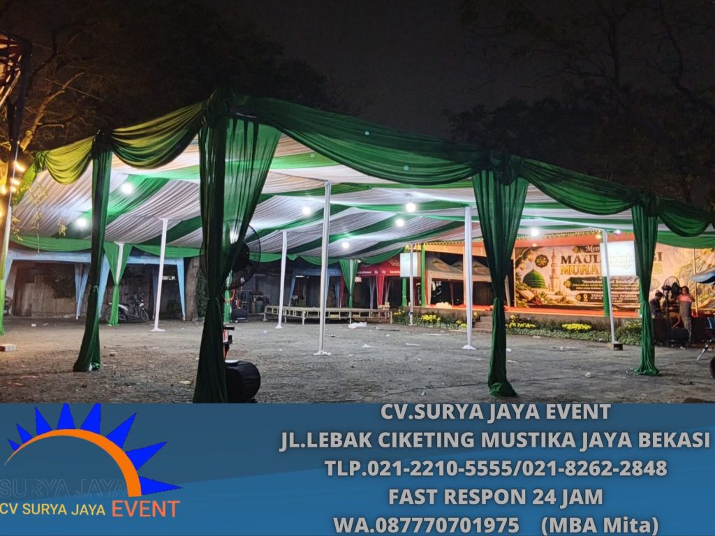 Sewa Tenda Dekora Kain Serut Hijau Putih Jakarta (0877-7070-1975)
