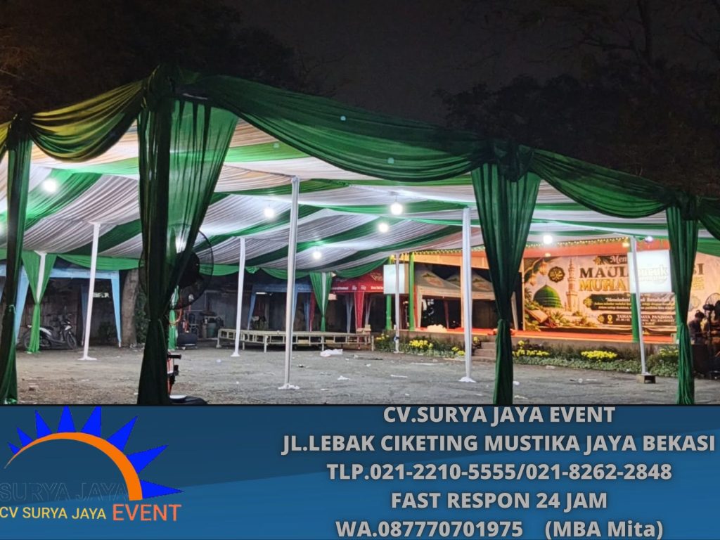 Sewa Tenda Dekora Kain Serut Hijau Putih Jakarta (0877-7070-1975)
